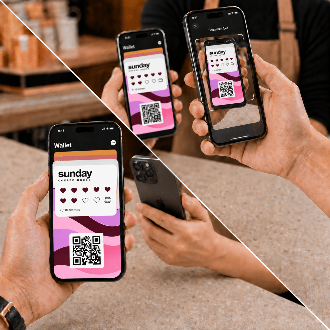 Illustrative café visit: a staff phone scans the updated purple-and-pink Sunday Coffee card, with seven heart stamps and a coffee reward milestone.